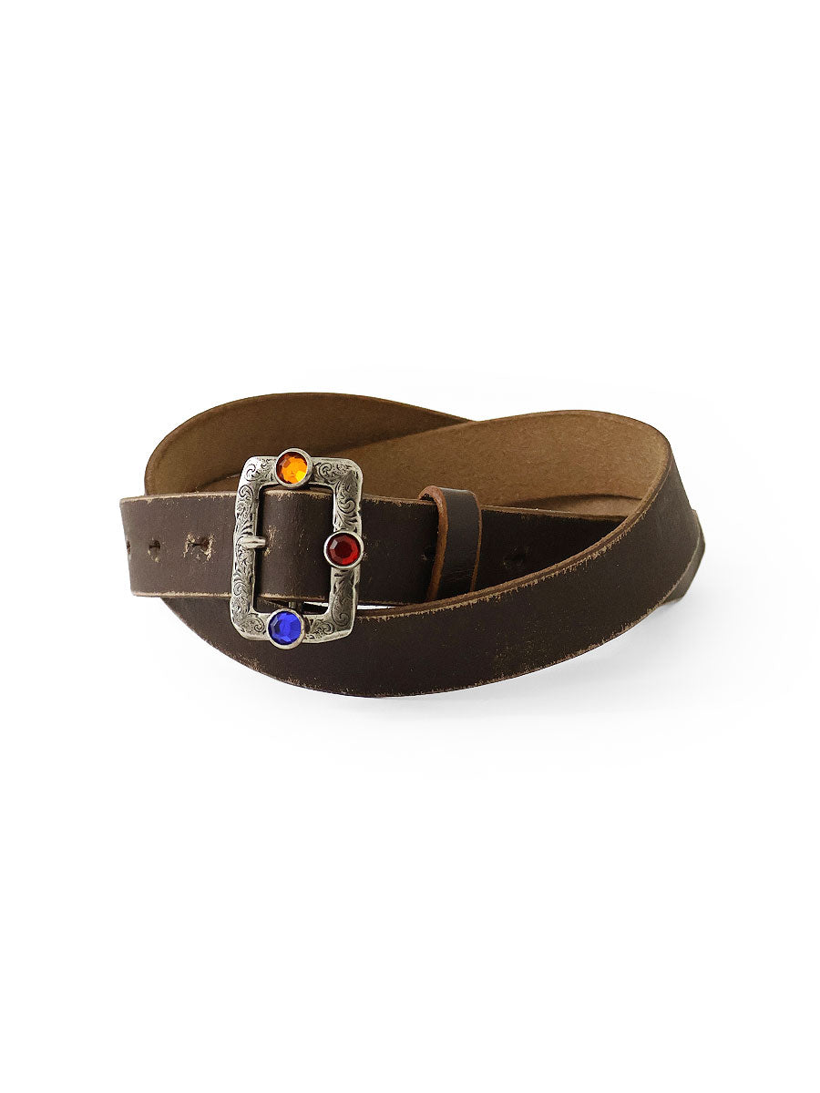 Oil Leather Studded Disco Buckle Belt - Brown
