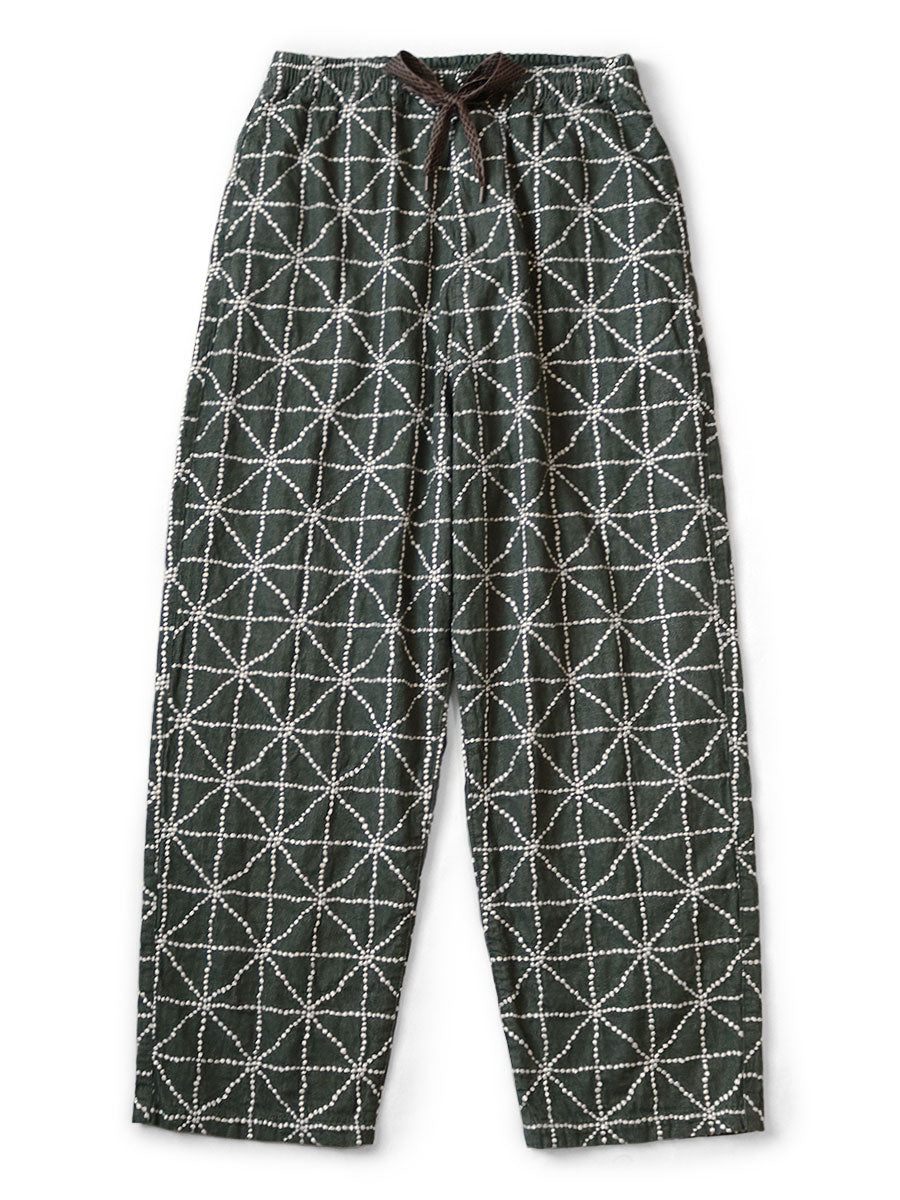 8oz Color Denim FOLK-DOJO Embroidery Easy Pants - Green