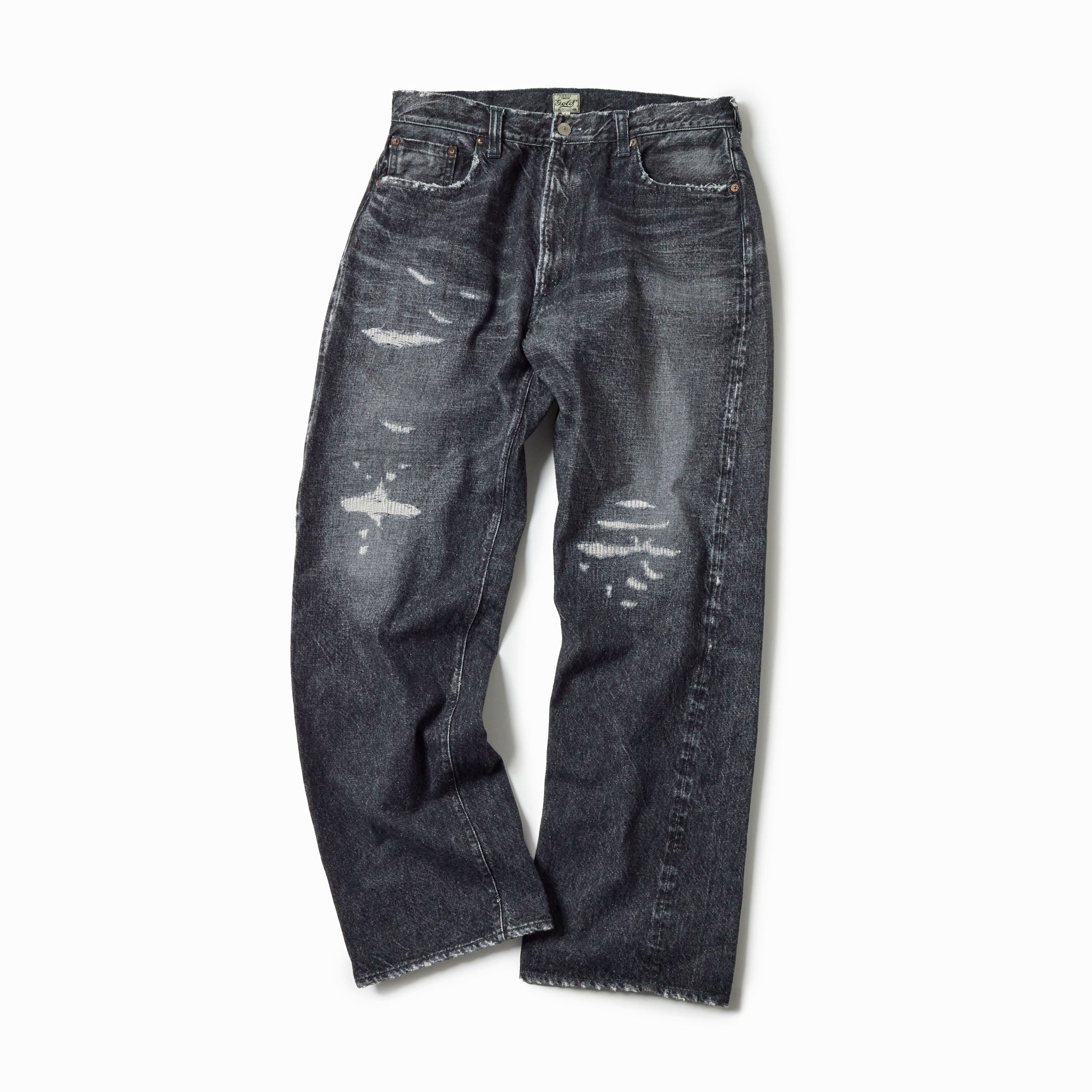 Recycled Waste Suvin Cotton Yarn 14oz. Denim 5Pocket Straight Pants Vintage Washed (Zipper Fly) - BLACK