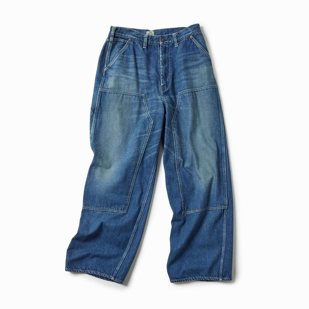 Recycled Waste Suvin Cotton Yarn 11.5oz. Denim Double Knee Painter Pants Vintage Washed