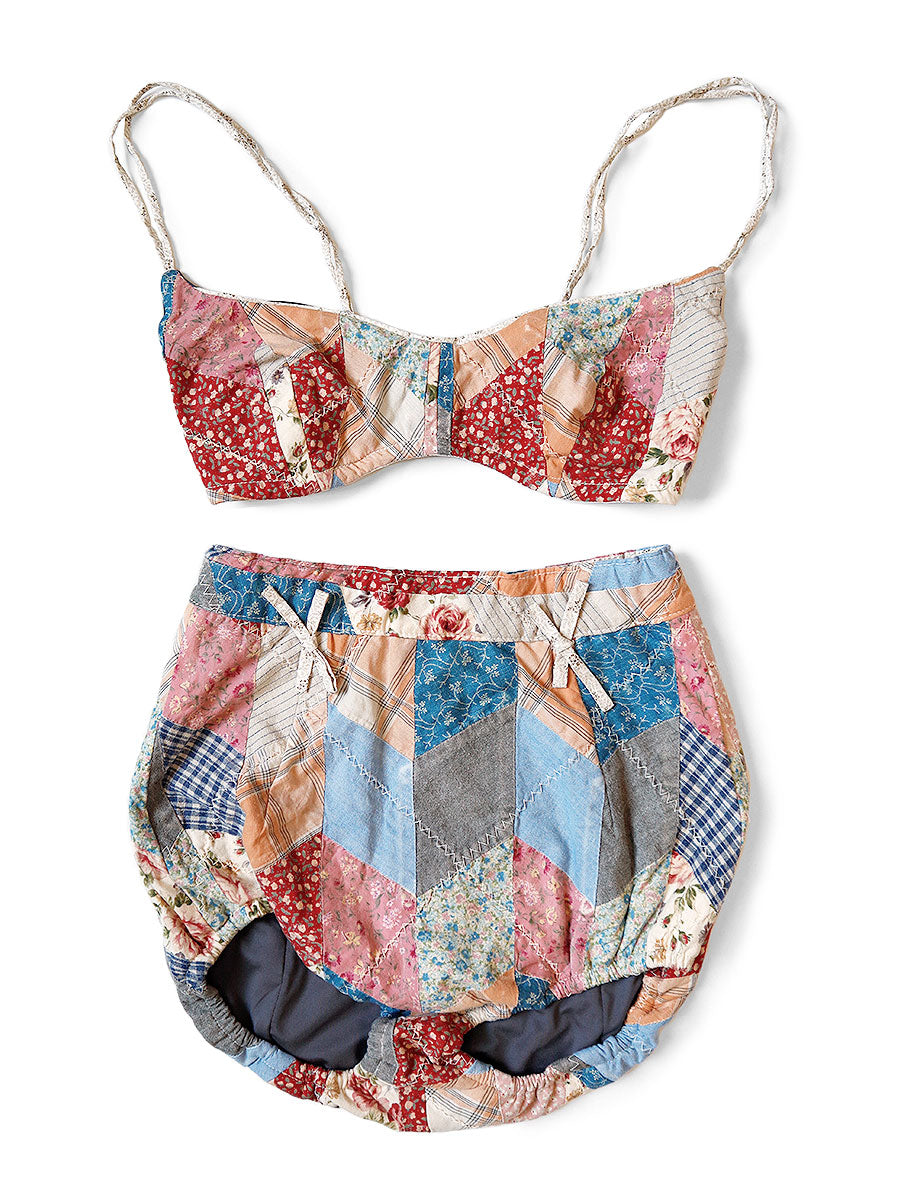 YABANE Quilt Patchwork Retro Swimsuit - Tricolor
