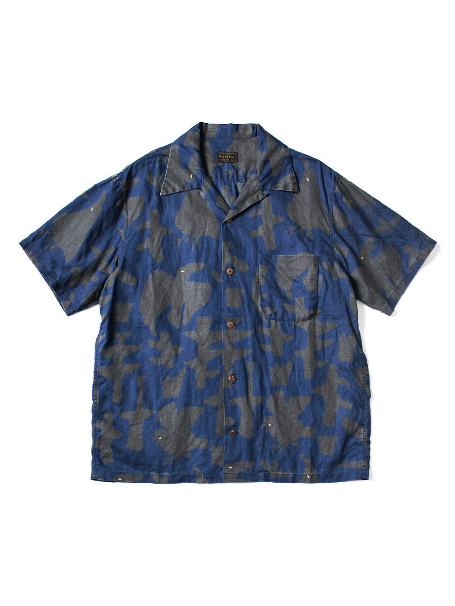 French Cross Linen GUIDING LIGHT Crow Batik Aloha Shirt - Indigo