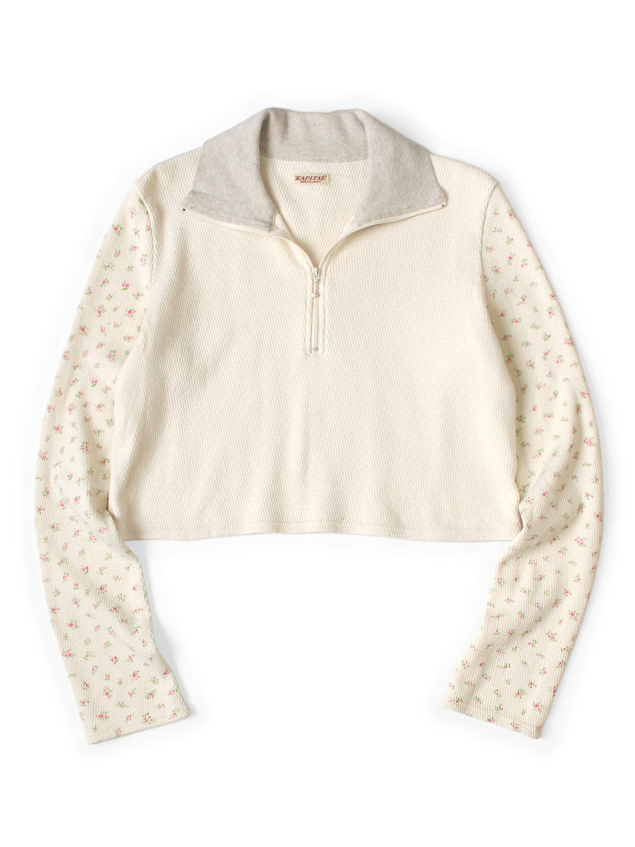 Waffle Jersey Small Flower pt 2TONE Half ZIP Cropped Long T - Pink