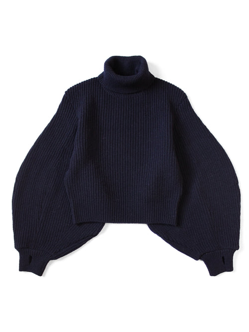 5G Wool Ribbed Bell Sleeve Sweater - Navy