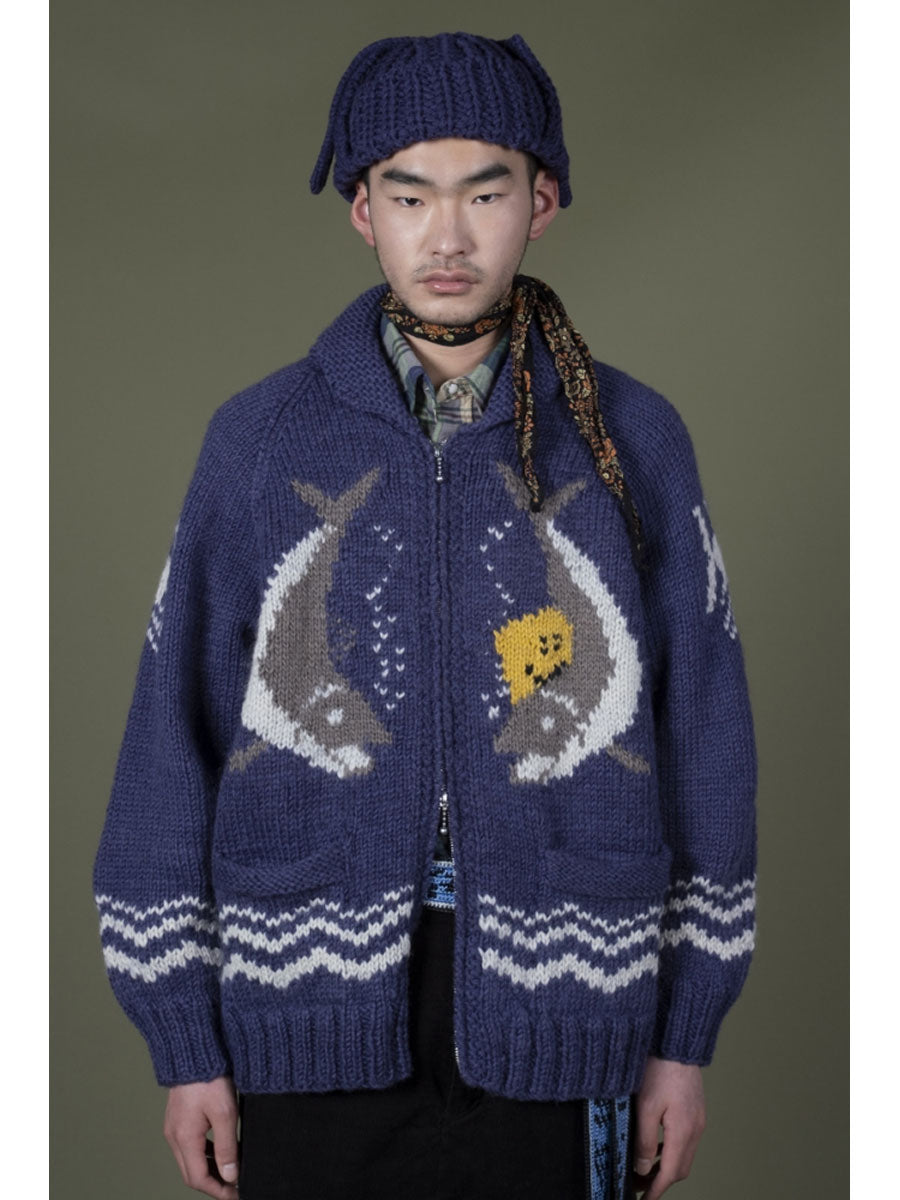 Hand-knit PECKISH TROUT ZIP Cardigan
