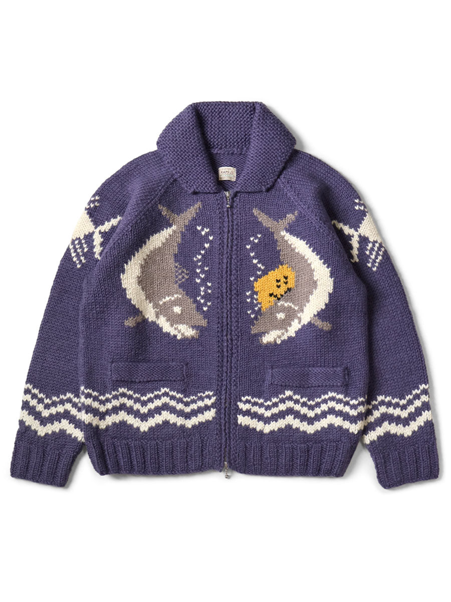 Hand-knit PECKISH TROUT ZIP Cardigan - Purple