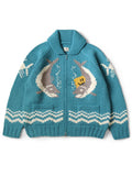 Hand-knit PECKISH TROUT ZIP Cardigan - Turquoise