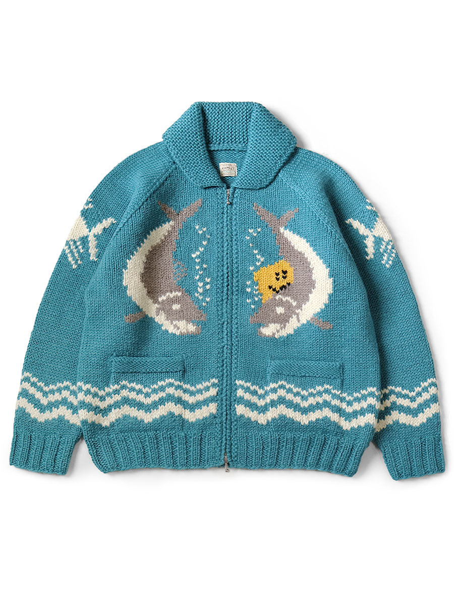 Hand-knit PECKISH TROUT ZIP Cardigan - Turquoise