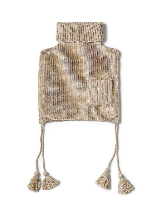7G Wool Ribbed High Neck Bib Poncho - Beige
