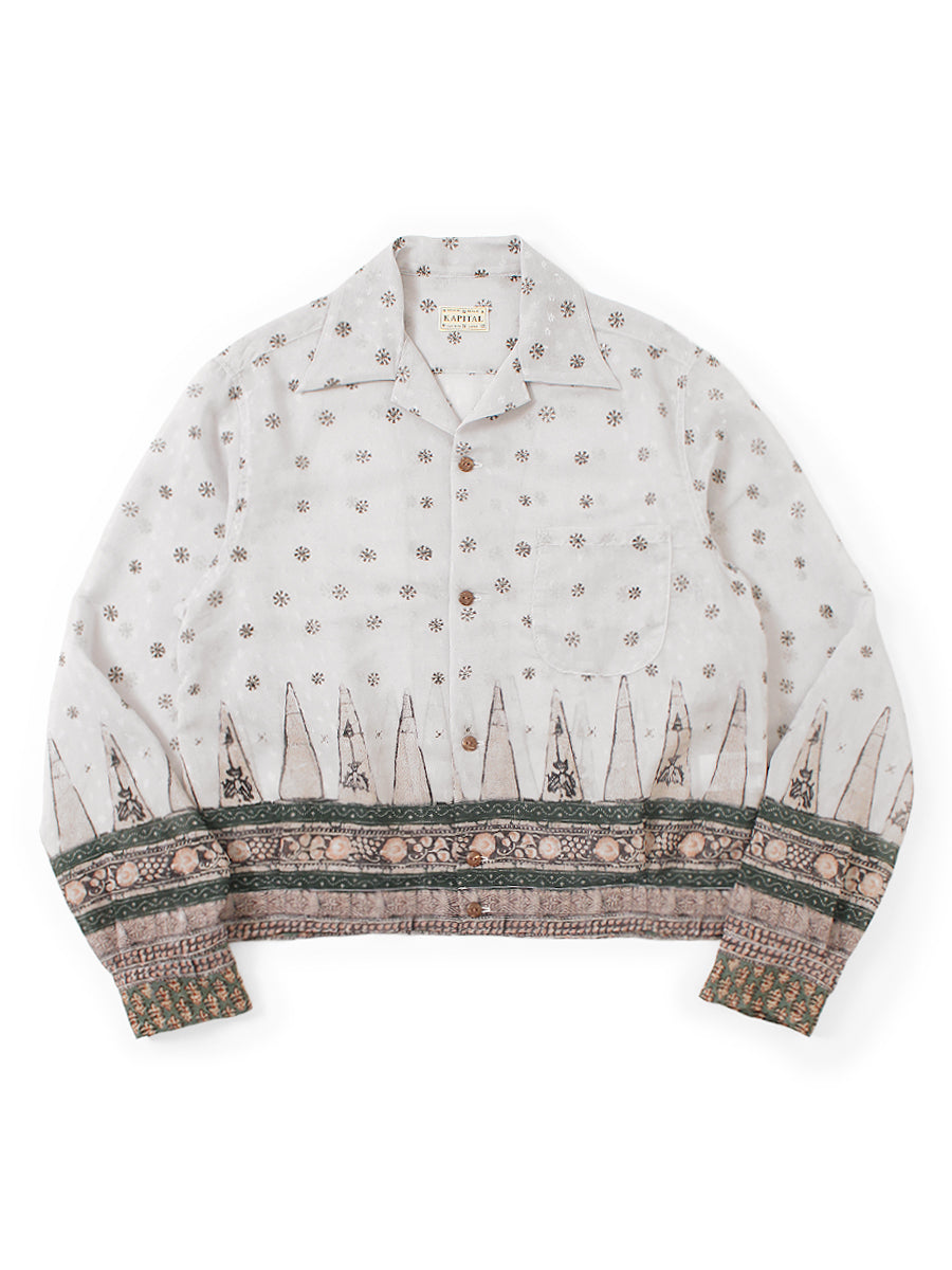 Sheer Sarasa Pattern Open Collar Shirt Drizzler - Blue Gray