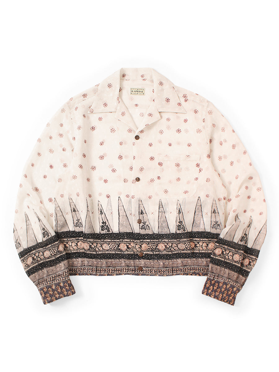 Sheer Sarasa Pattern Open Collar Shirt Drizzler - Kinari