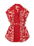 Silk Rayon Okra Pattern French Sleeve Open Collar Shirt - Red