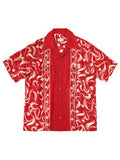 Silk rayon okra pattern short-sleeve open-collar shirt - Red