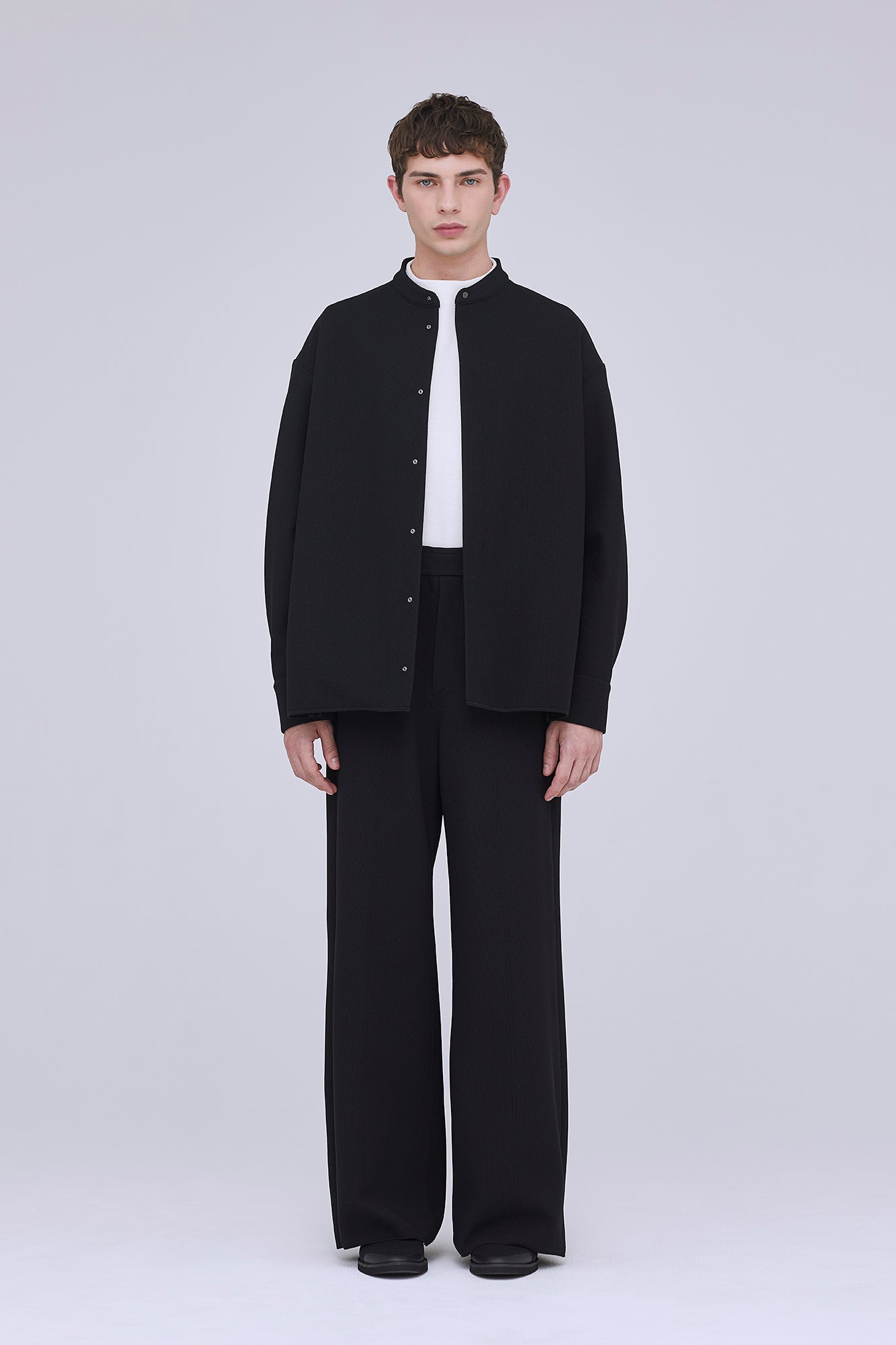MESH STAND-UP COLLAR COVERED PLACKET SHIRT
