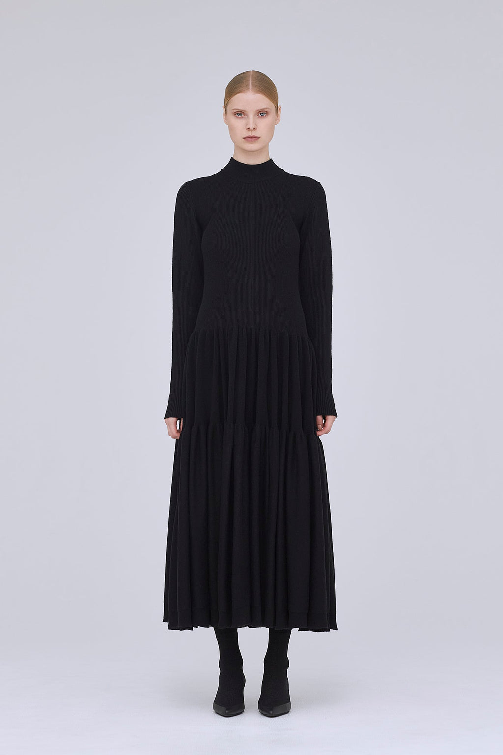 CASHMERE SILK CASCADES MOCKNECK LONG SLEEVE DRESS