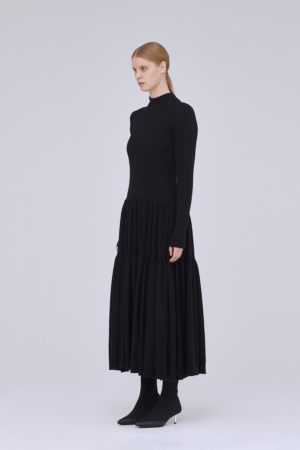 CASHMERE SILK CASCADES MOCKNECK LONG SLEEVE DRESS