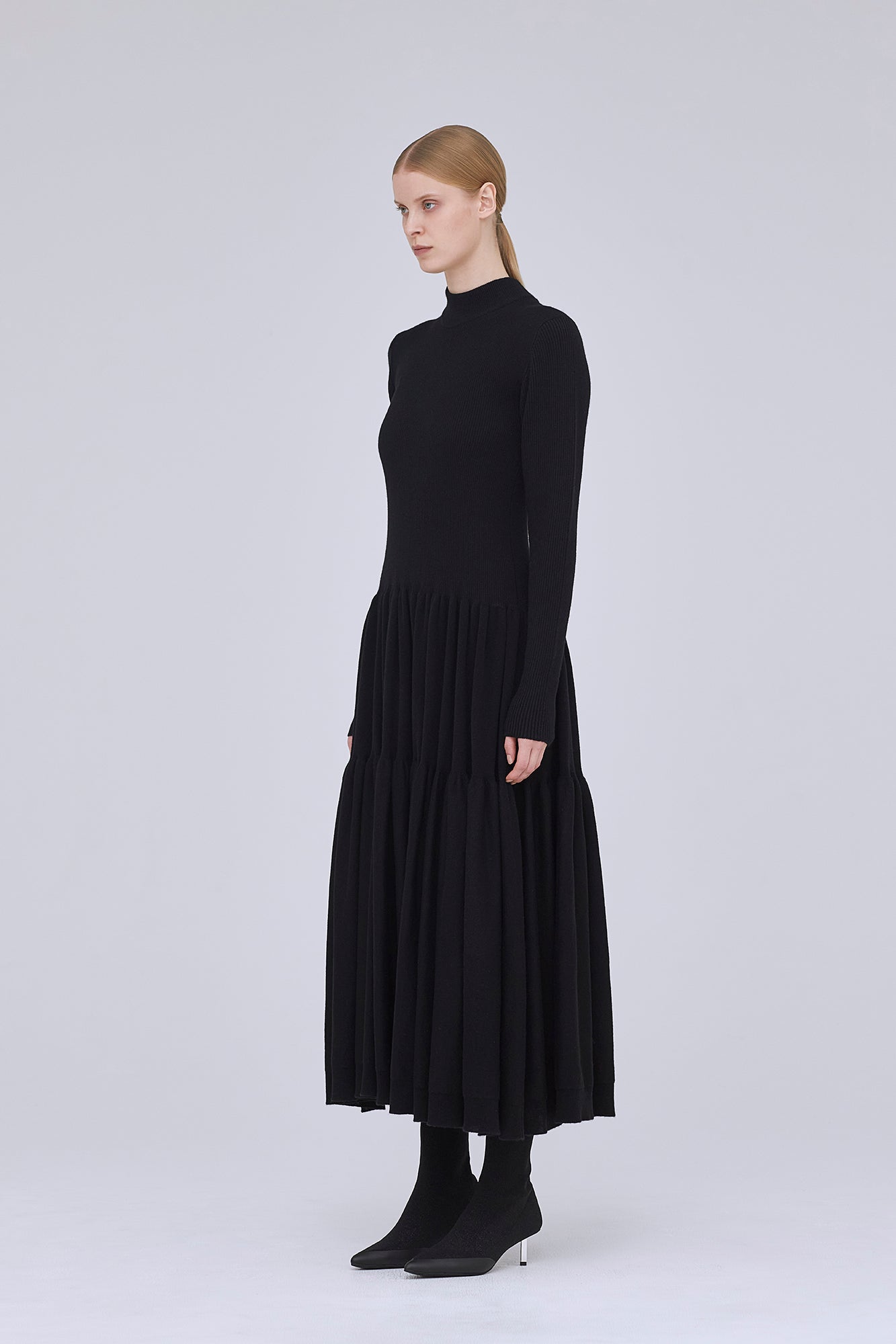 CASHMERE SILK CASCADES MOCKNECK LONG SLEEVE DRESS