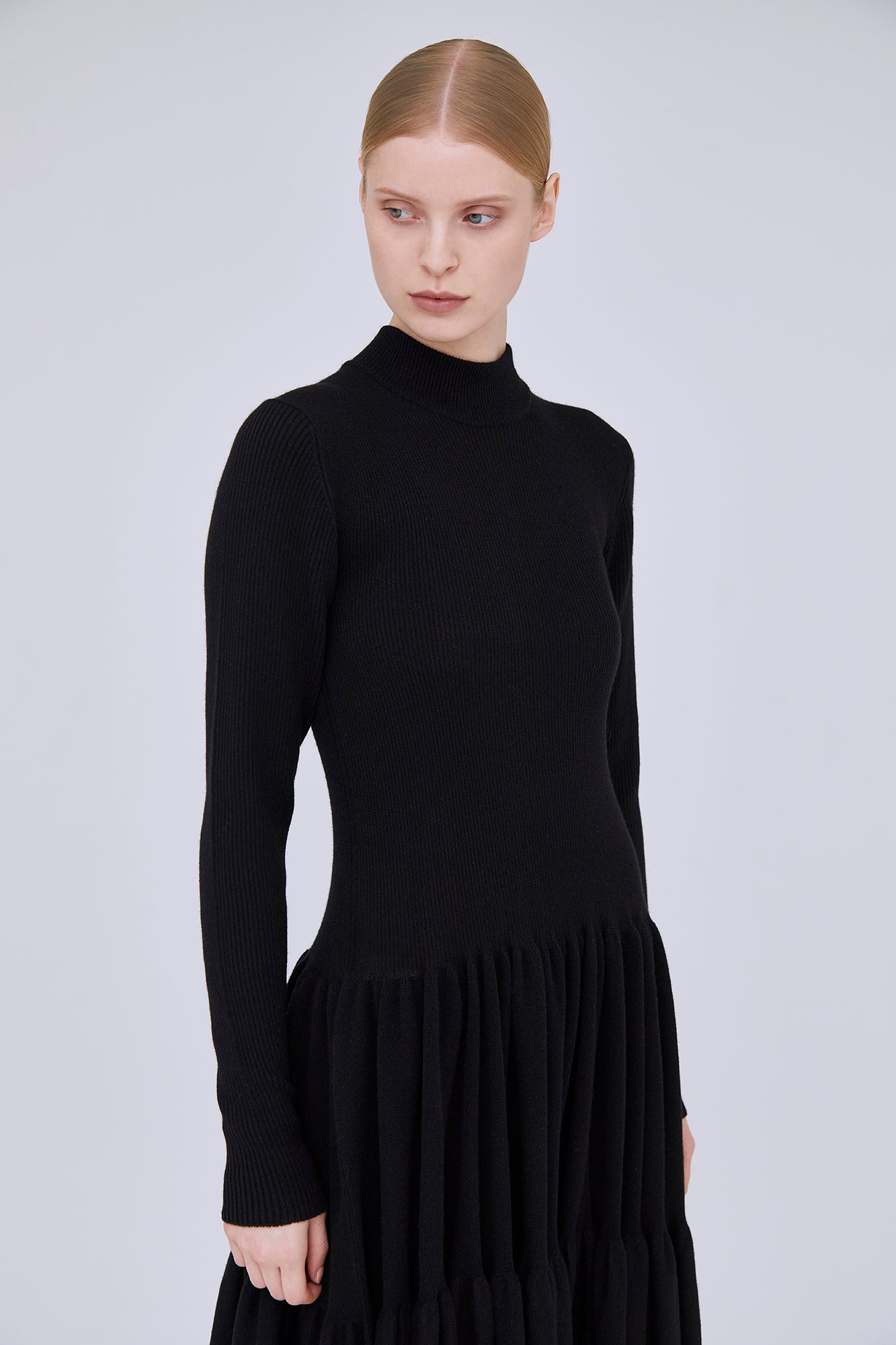 CASHMERE SILK CASCADES MOCKNECK LONG SLEEVE DRESS