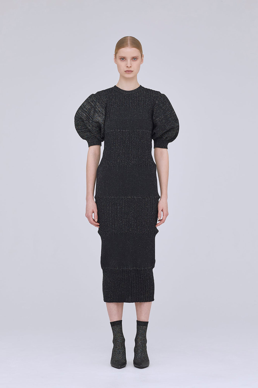 FLUTED GLITTER SHORT PUFF SLEEVE DRESS