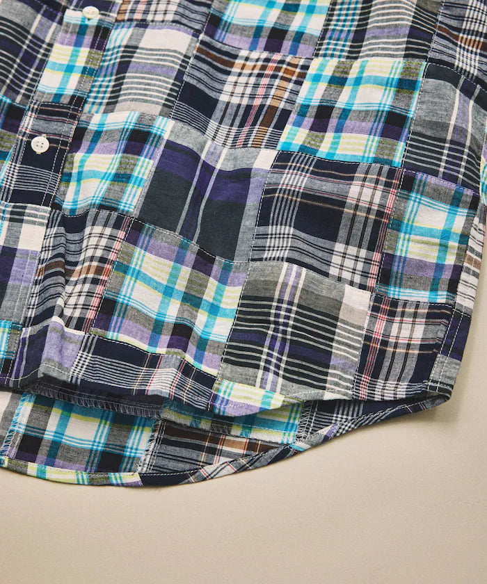 Indian-made Relaxed Fit Madras Check Patchwork Button-down Short Sleeve Shirt