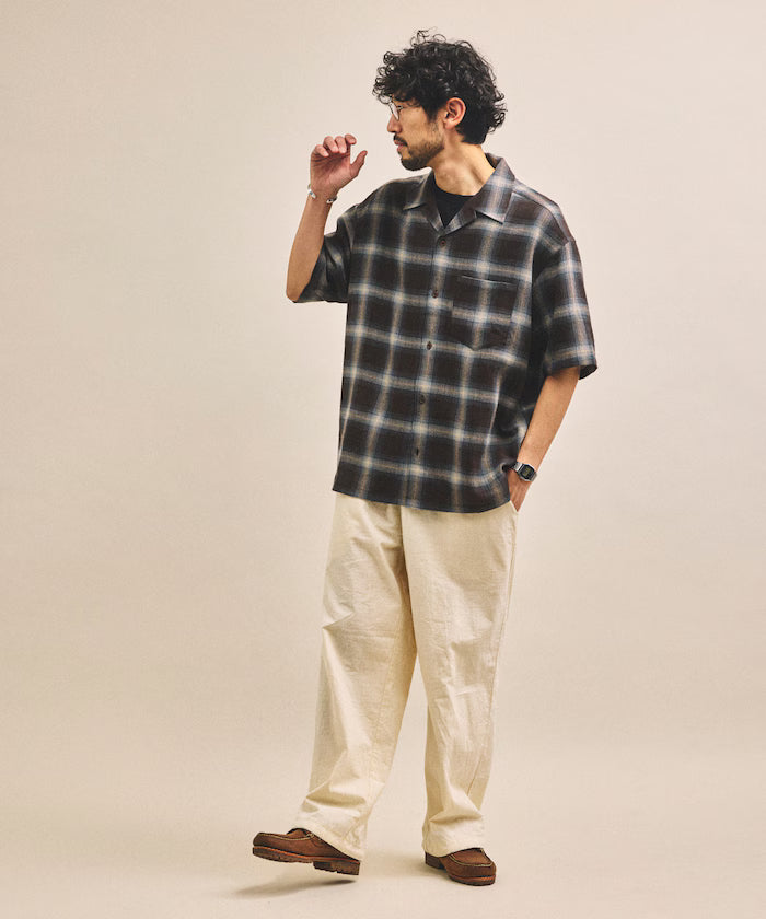 Dyed Ombre Check Open Collar Short Sleeve Sheer Shirt Relaxed Fit