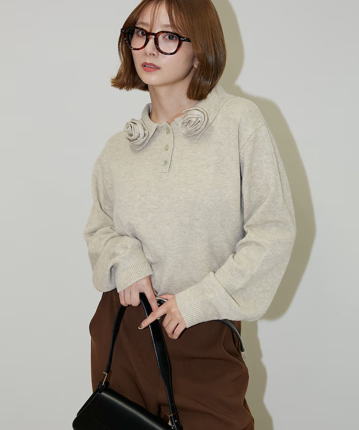 Polo knit pullover with flower motif - limited edition