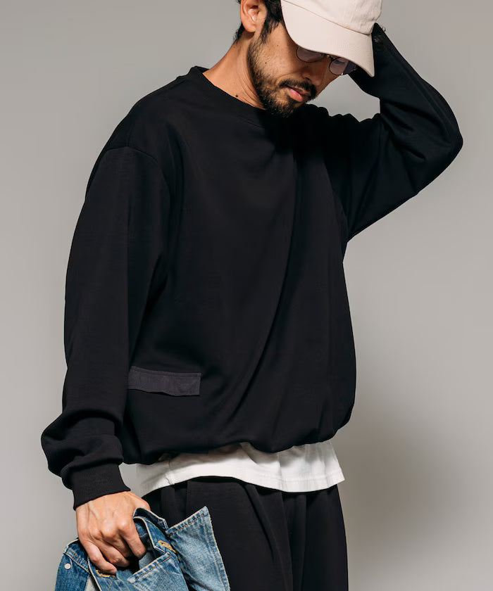 <New Color Added> Side Pocket Spindle Cardboard Crew Neck Sweatshirt - Black