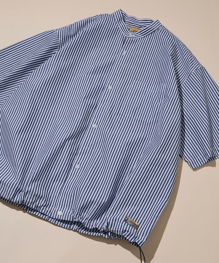 Typewriter Spindle Band Collar Stripe Short Sleeve Shirt