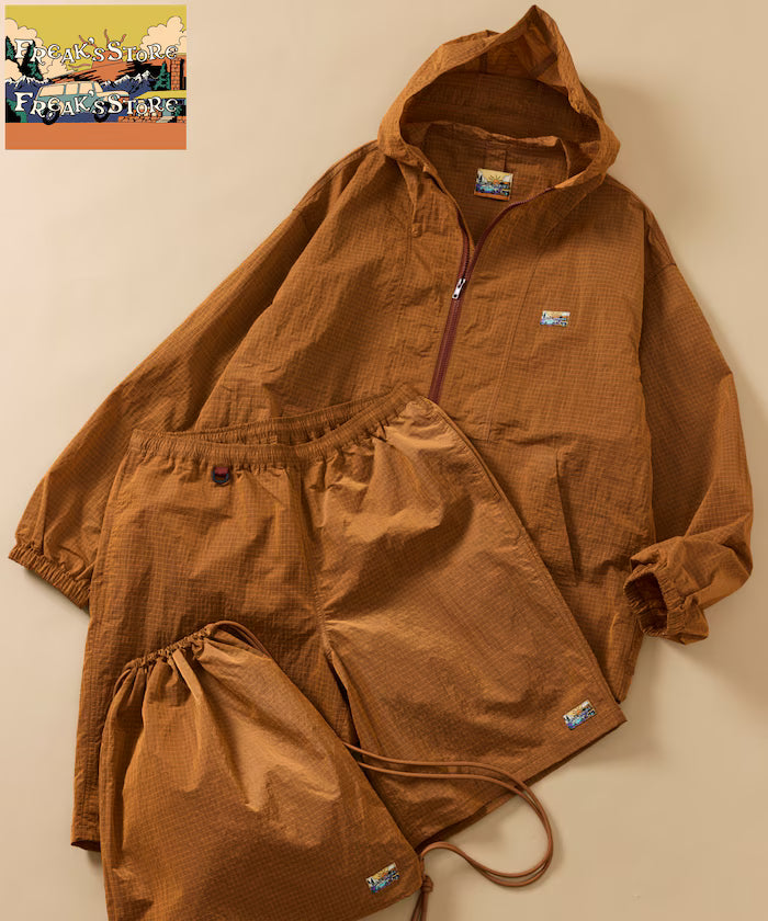 Outdoor Ripstop Nylon One Point Logo Zip-Up Parker Shorts Bag 3P Set - Orange