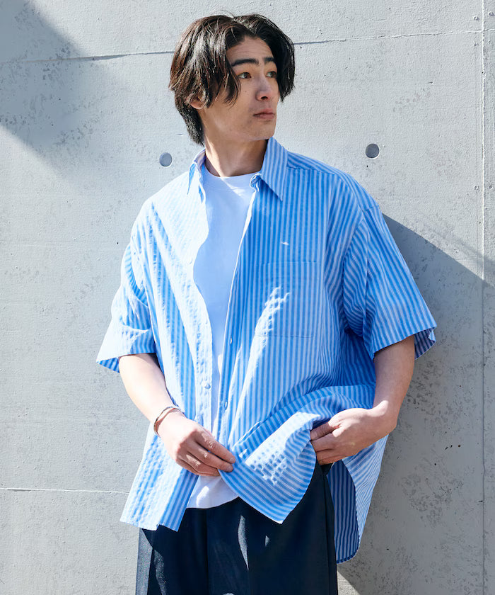 Relax Fit Regular Collar Sheer Seersucker Short Sleeve Shirt 【Limited Edition】