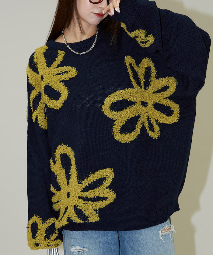 Boucle Flower Pattern Pullover Knit [Limited Edition] - Navy