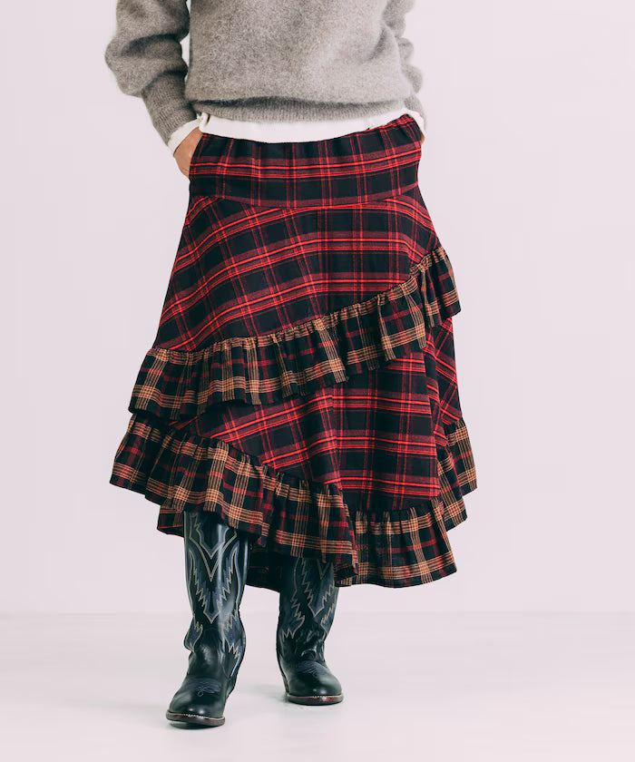 Nell Check Asymmetrical Frill Skirt - Red