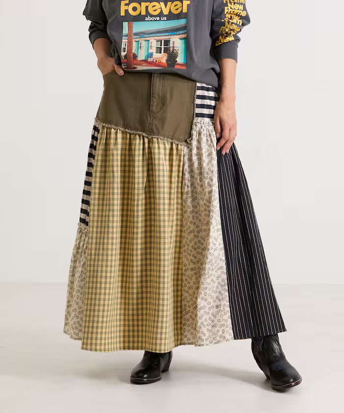 Flower & Check Docking Skirt - Olive