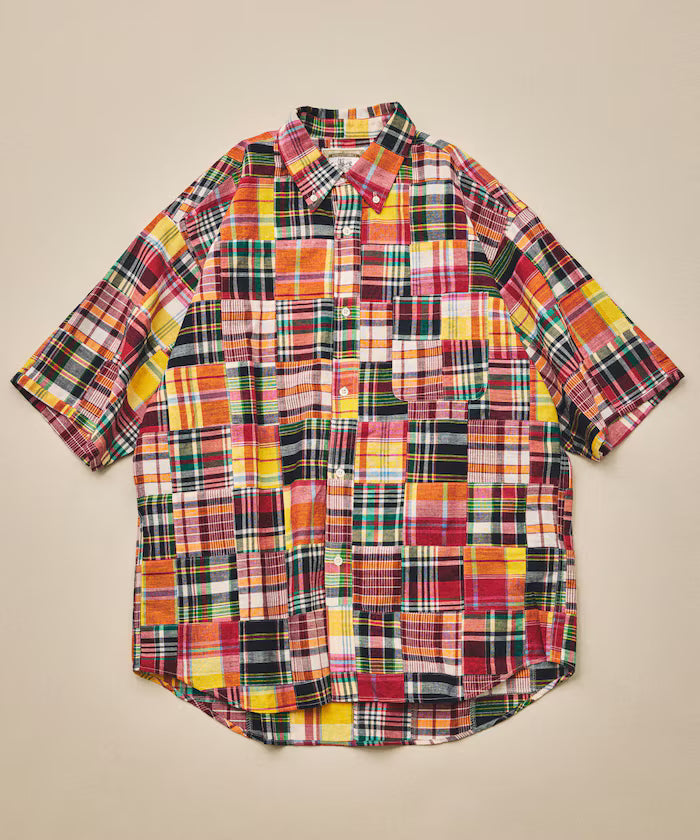 Indian-made Relaxed Fit Madras Check Patchwork Button-down Short Sleeve Shirt