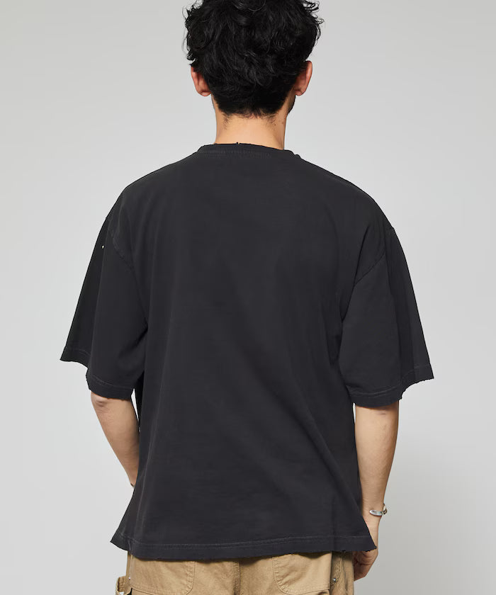 7.3 oz damaged processed front logo print short sleeve T-shirt / oversized crew neck short sleeve T-shirt