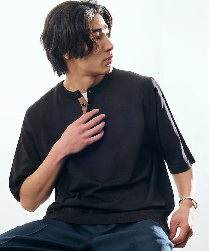 Relax Fit Relax Fit Cool Touch Color Block Henry Neck Pullover 【Limited Edition】 - Black
