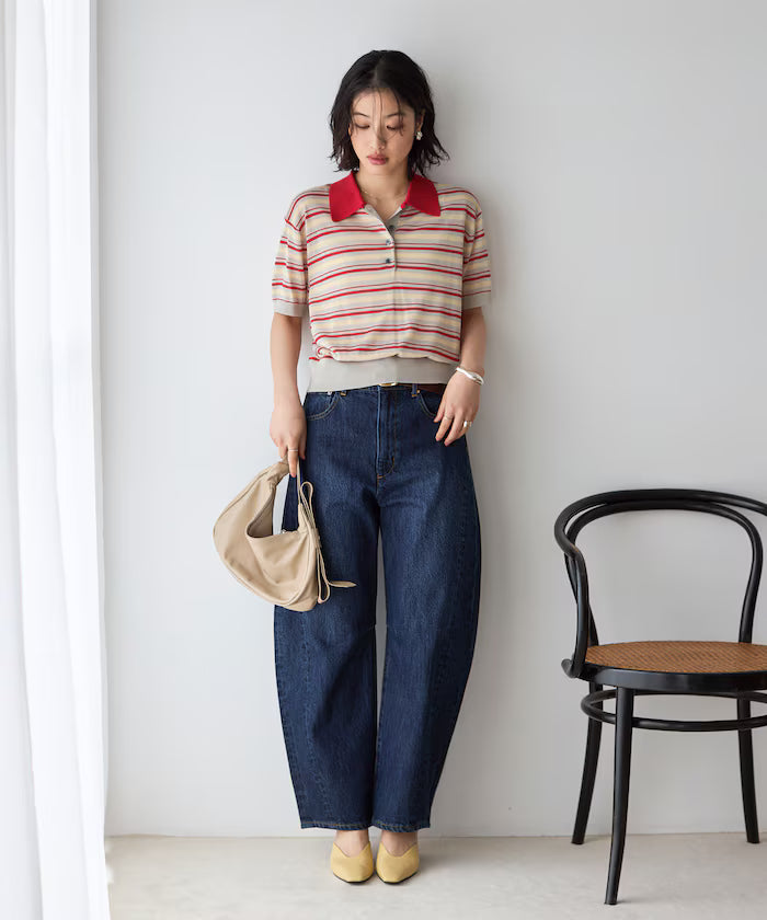 Relaxed Fit Color Design Polo Knit / Bicolor / Multi Stripe