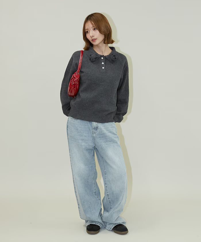 Polo knit pullover with flower motif - limited edition