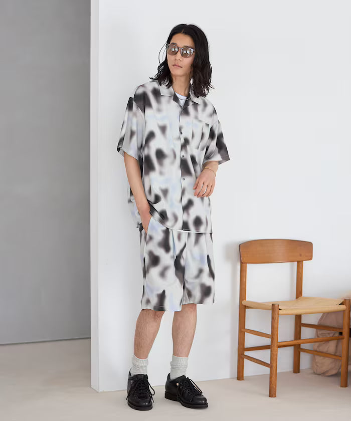 Open collar pattern short sleeve shirt / all-over design open collar shirt / compatible with set-up