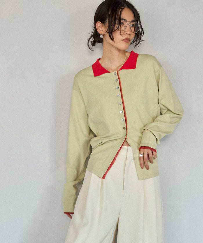 Color Design Fake Layered Long Sleeve Polo Knit Cardigan