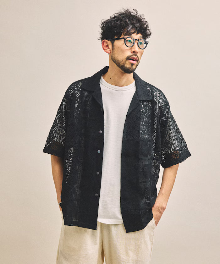 India-made Patchwork Lace Sheer Relaxed Fit Open Collar Shirt Short Sleeve