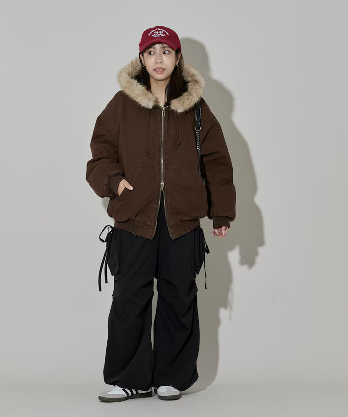 2way fake fur zip-up padded hooded jacket with detachable fur