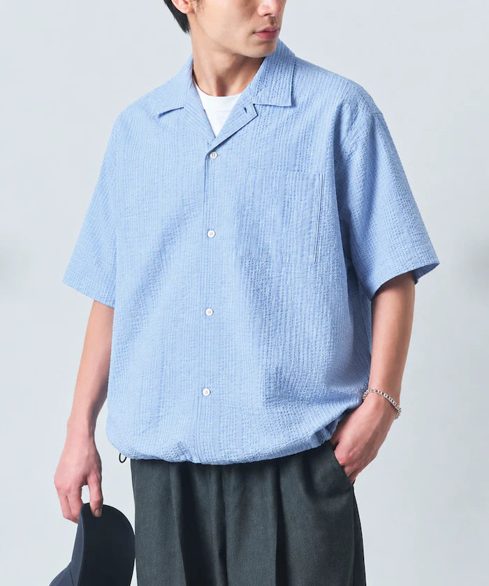 Seersucker Spindle Open Collar Short Sleeve Shirt - Sax