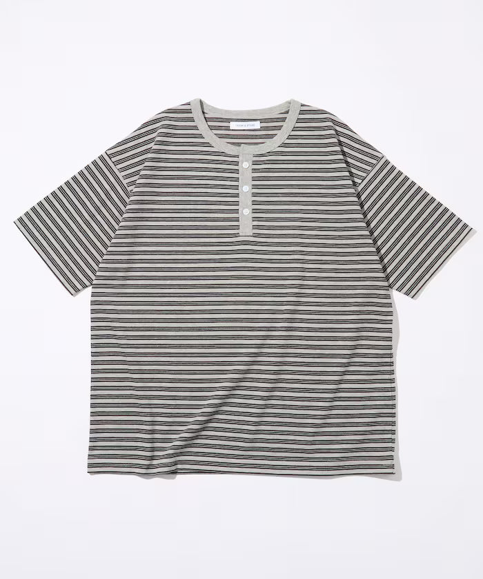 Multi-border Henley Neck Short Sleeve T-shirt