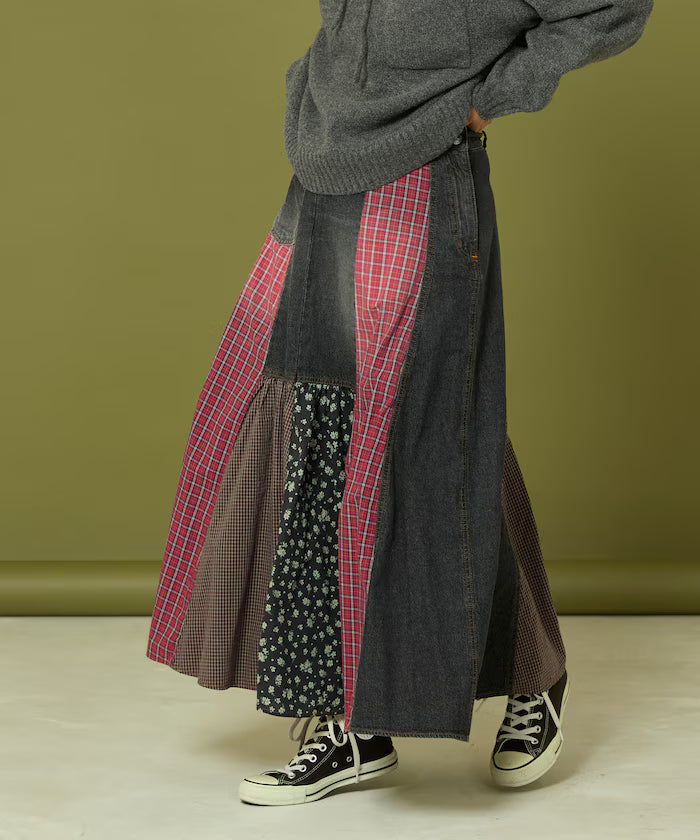 Side Front Denim Color Block Flared Skirt