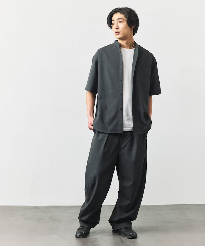 [New Color Added] Quick-Dry Material Relaxed Fit Band Collar Shirt Short Sleeve Linen Feel