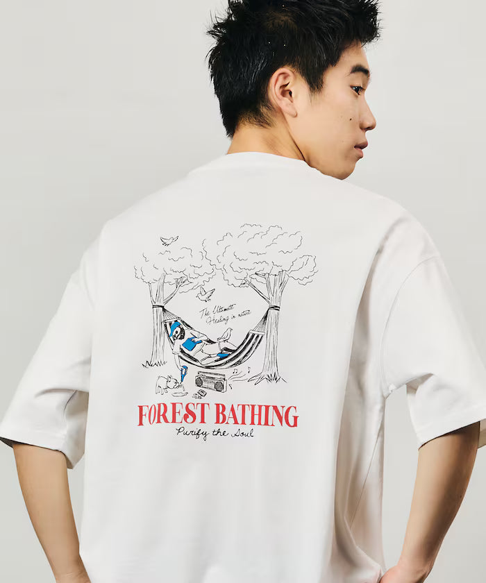 Limited Edition Relaxed Fit Back Print Crew Neck T-Shirt FOREST BATHING MAN TEE - White