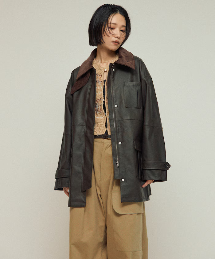 Oversized Crush Leatherette Jacket / Collar Corduroy