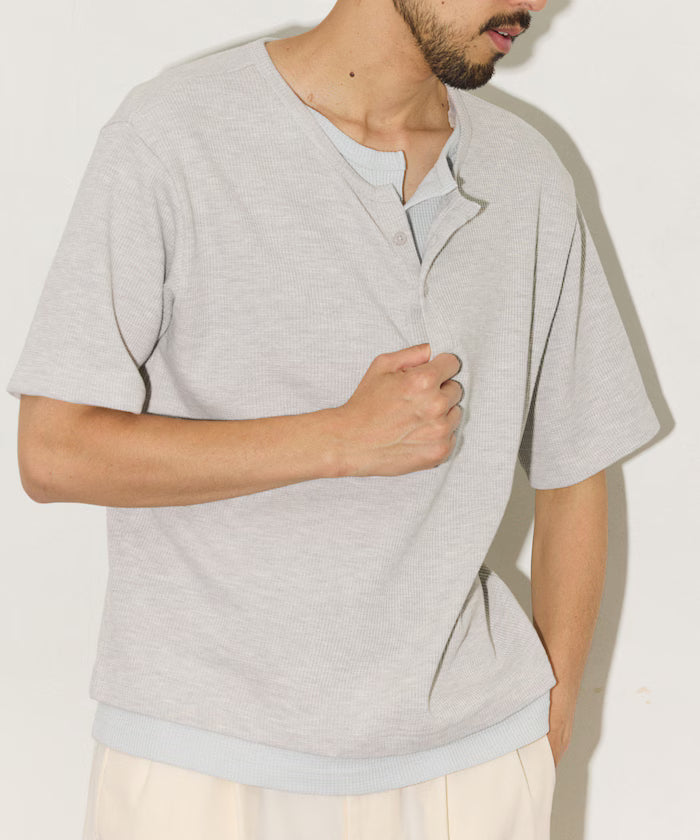 Waffle Fake Layered Henry Neck T-Shirt - Mottled Gray x Sax Blue