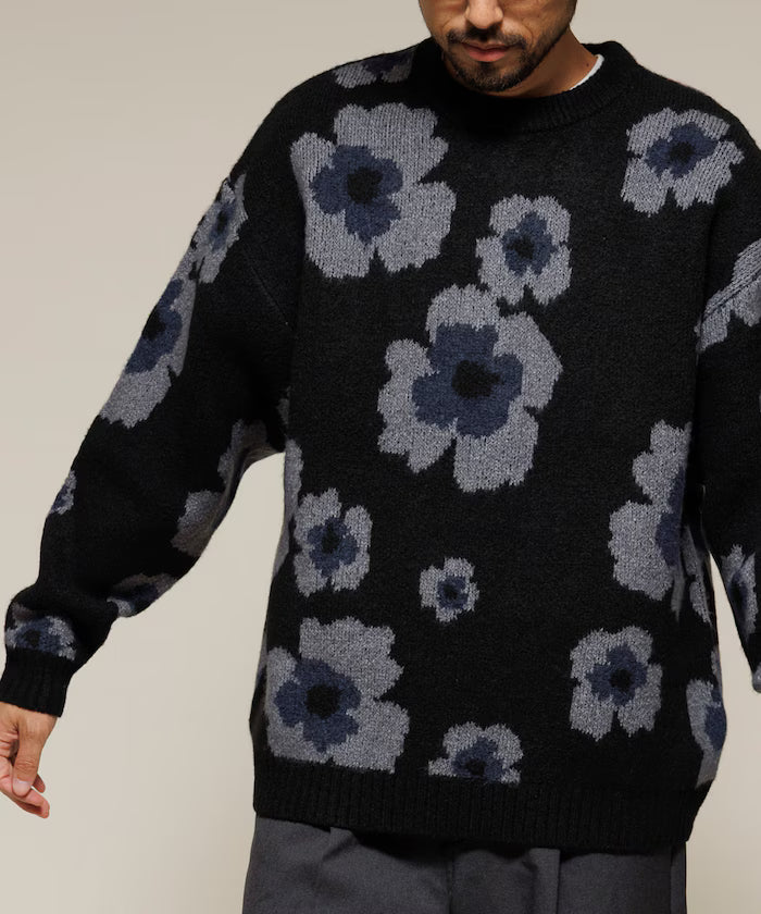 All-over Pattern Double Jacquard Knit Crew Neck Pullover / Relaxed Fit
